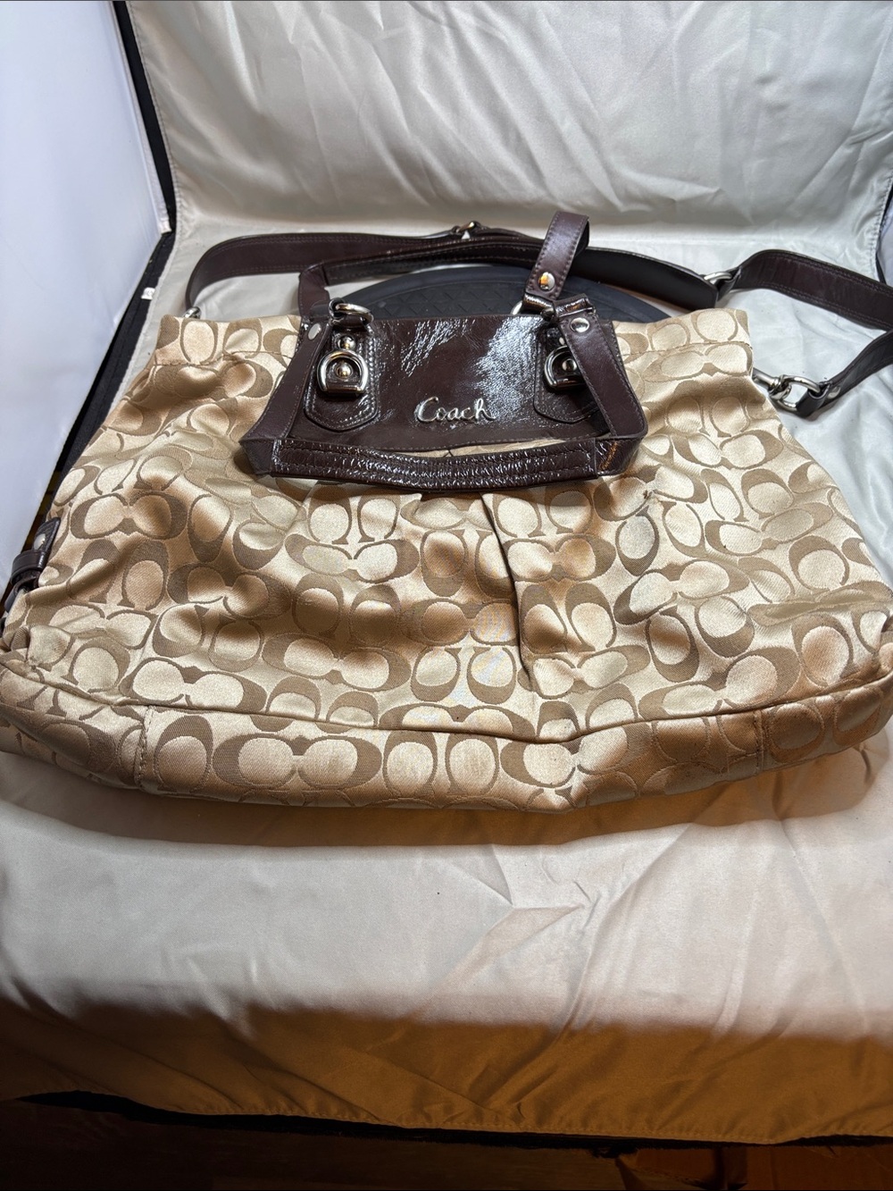 Coach Khaki Signature Jacquard Tote with Brown Leather Trim